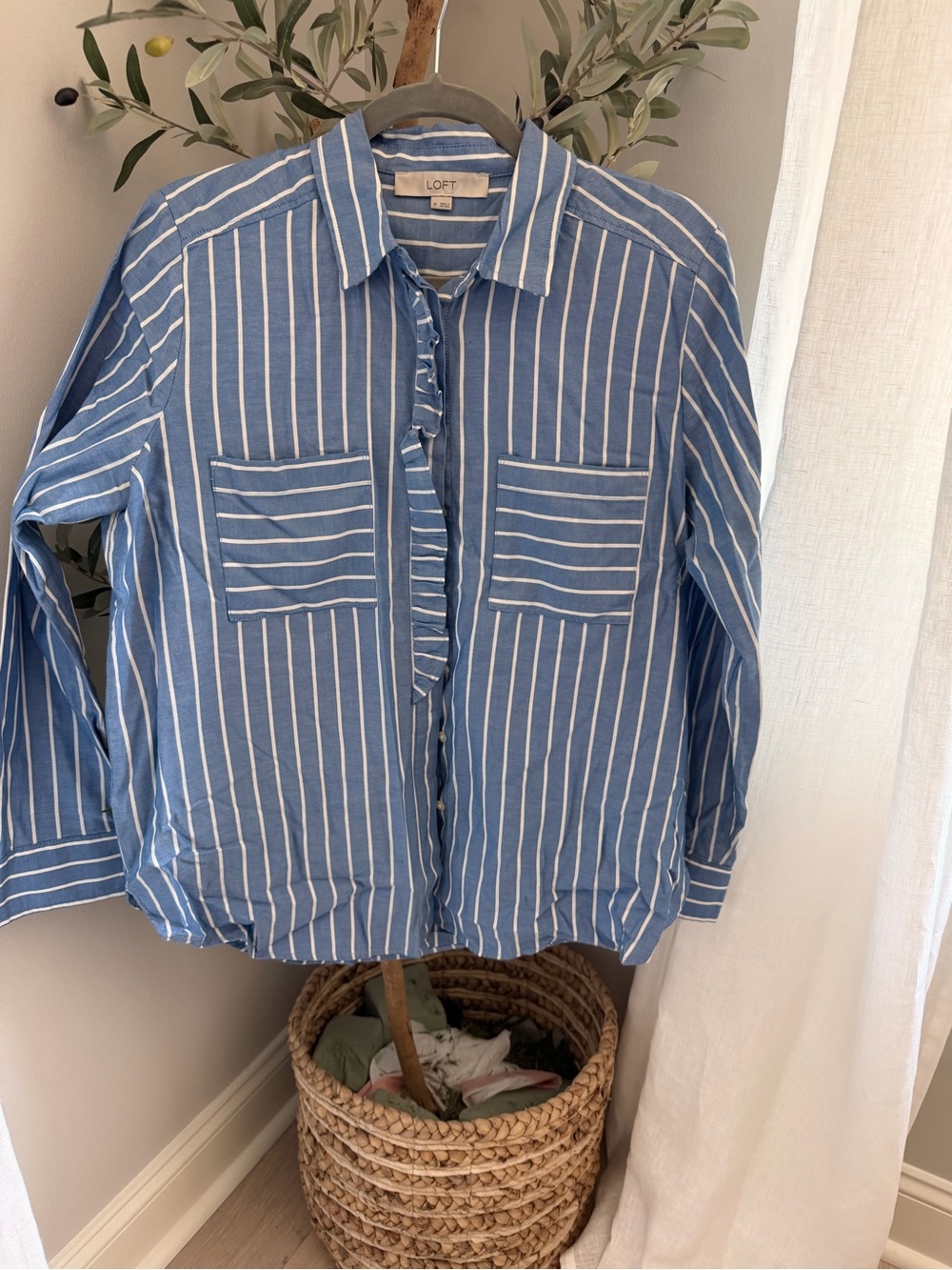 LOFT Blue and White Vertical Stripe Button-Down Shirt